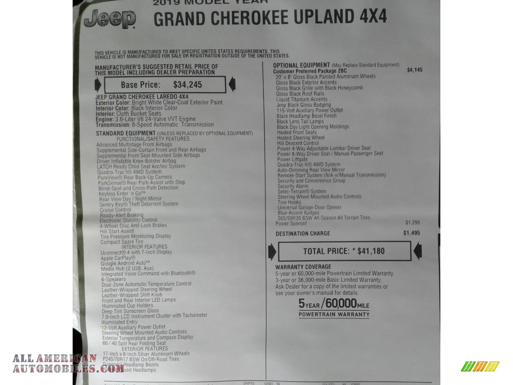 2019 Grand Cherokee Upland 4x4 - Bright White / Black photo #37