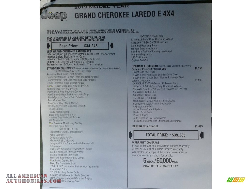 2019 Grand Cherokee Laredo 4x4 - Billet Silver Metallic / Black photo #37