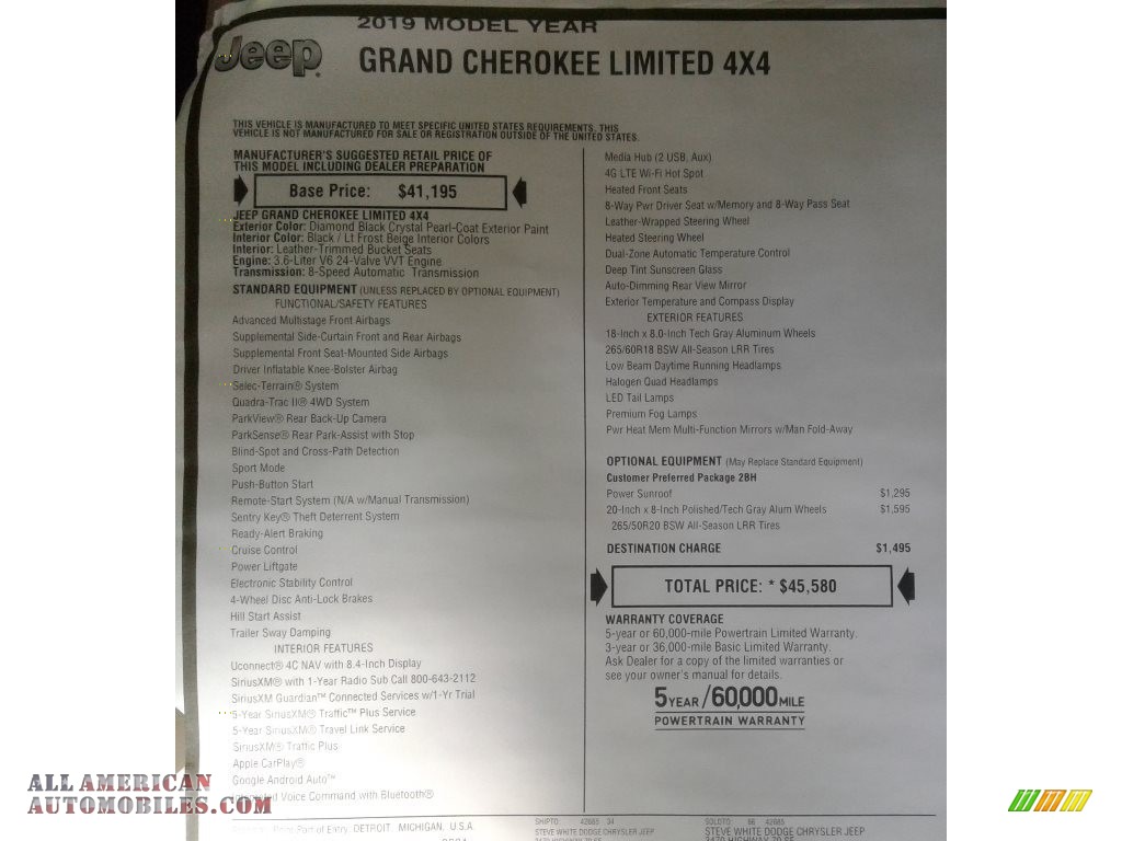2019 Grand Cherokee Limited 4x4 - Diamond Black Crystal Pearl / Light Frost Beige/Black photo #38