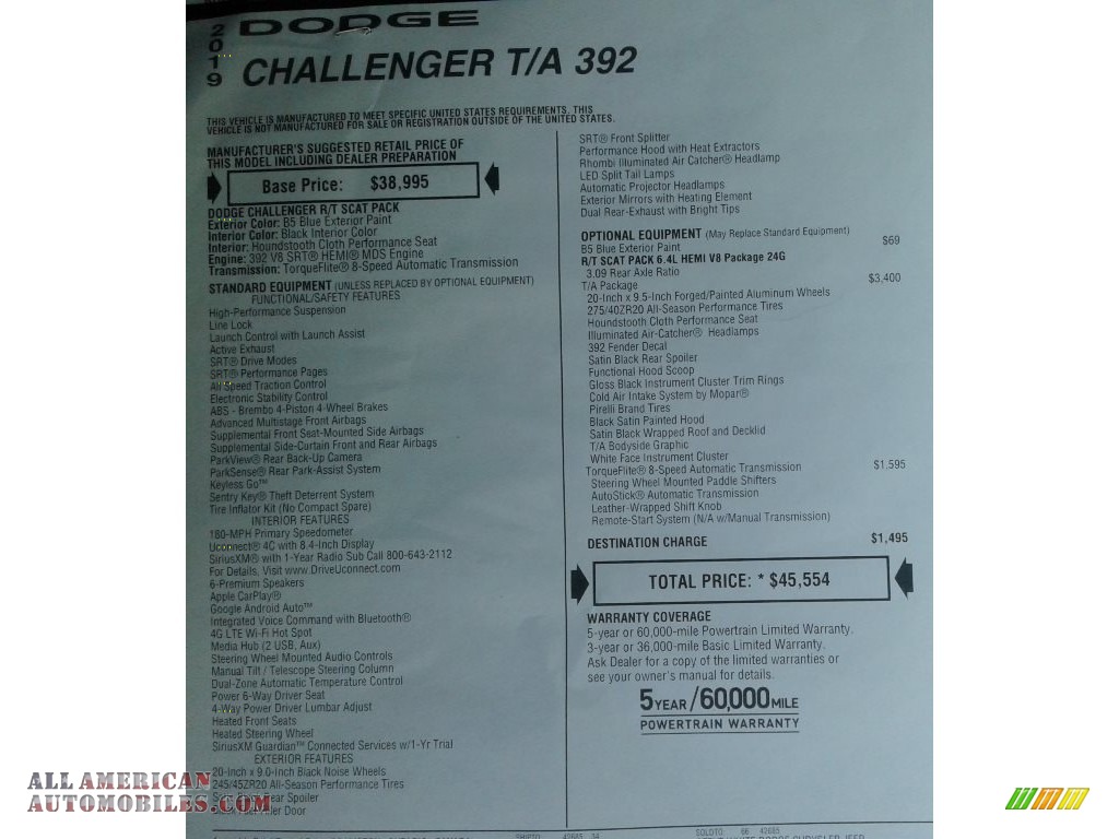 2019 Challenger T/A 392 - B5 Blue Pearl / Black photo #36