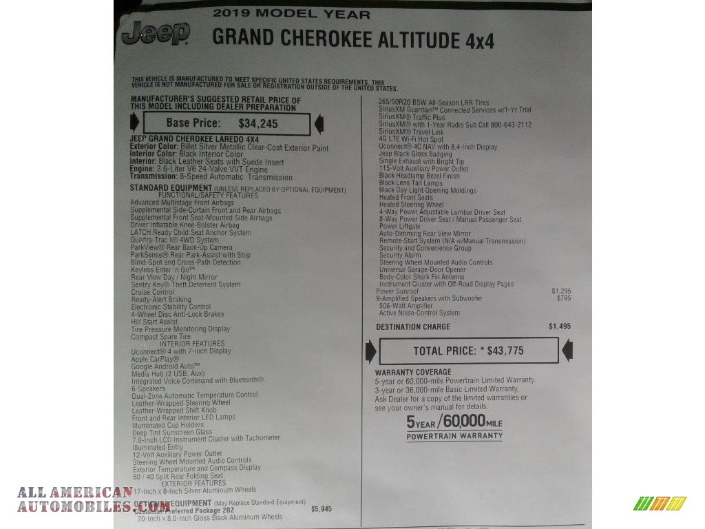 2019 Grand Cherokee Altitude 4x4 - Billet Silver Metallic / Black photo #38