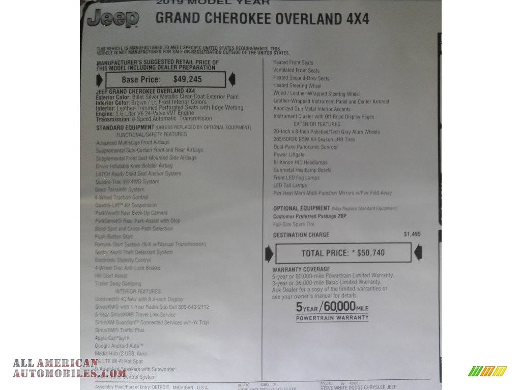 2019 Grand Cherokee Overland 4x4 - Billet Silver Metallic / Light Frost/Brown photo #40