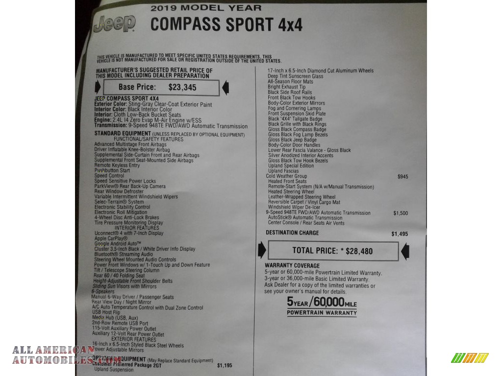 2019 Compass Sport 4x4 - Sting-Gray / Black photo #32