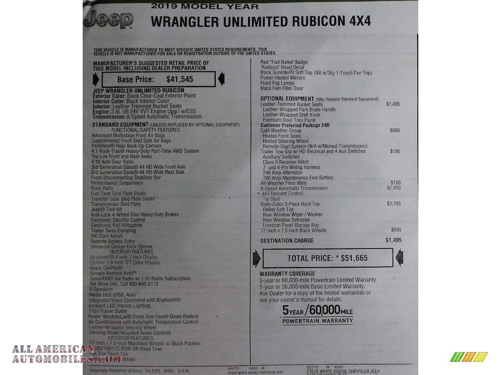 2019 Wrangler Unlimited Rubicon 4x4 - Black / Black photo #33