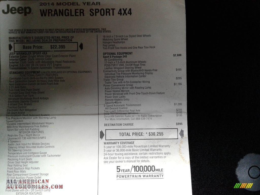 2014 Wrangler Sport 4x4 - Bright White / Black photo #29