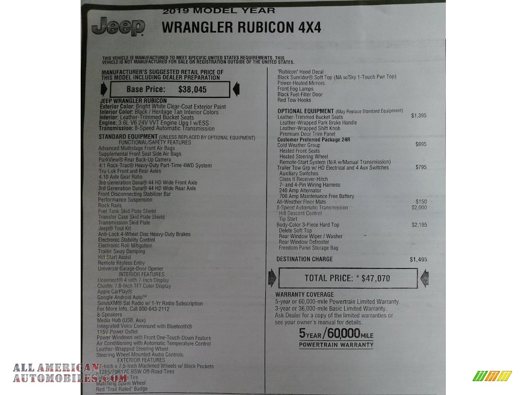 2019 Wrangler Rubicon 4x4 - Bright White / Black/Heritage Tan photo #31