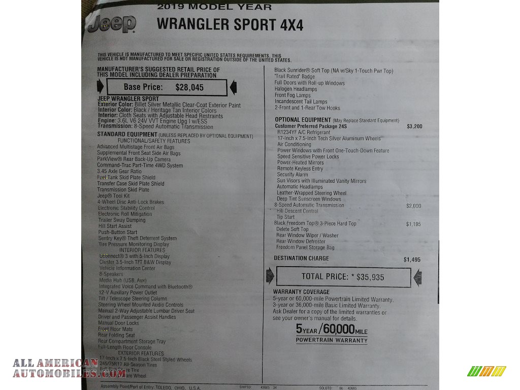 2019 Wrangler Sport 4x4 - Billet Silver Metallic / Black/Heritage Tan photo #28