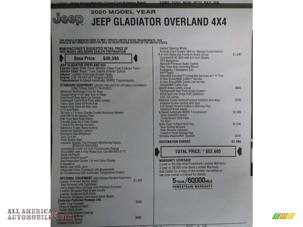 2020 Gladiator Overland 4x4 - Billet Silver Metallic / Black photo #35