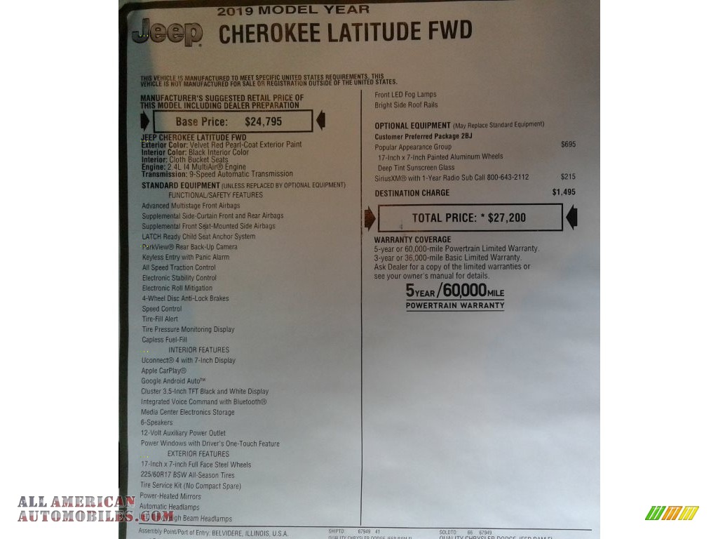 2019 Cherokee Latitude - Velvet Red Pearl / Black photo #31