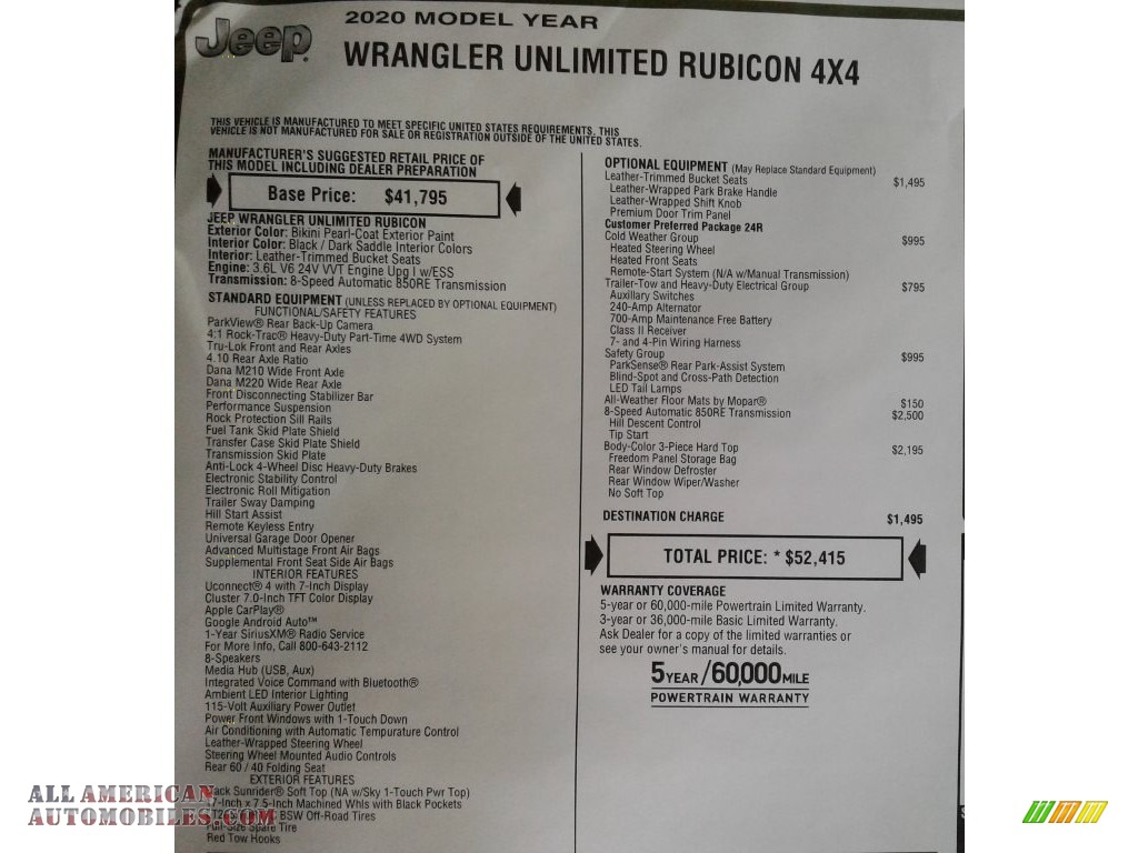 2020 Wrangler Unlimited Rubicon 4x4 - Bikini Pearl / Dark Saddle/Black photo #32