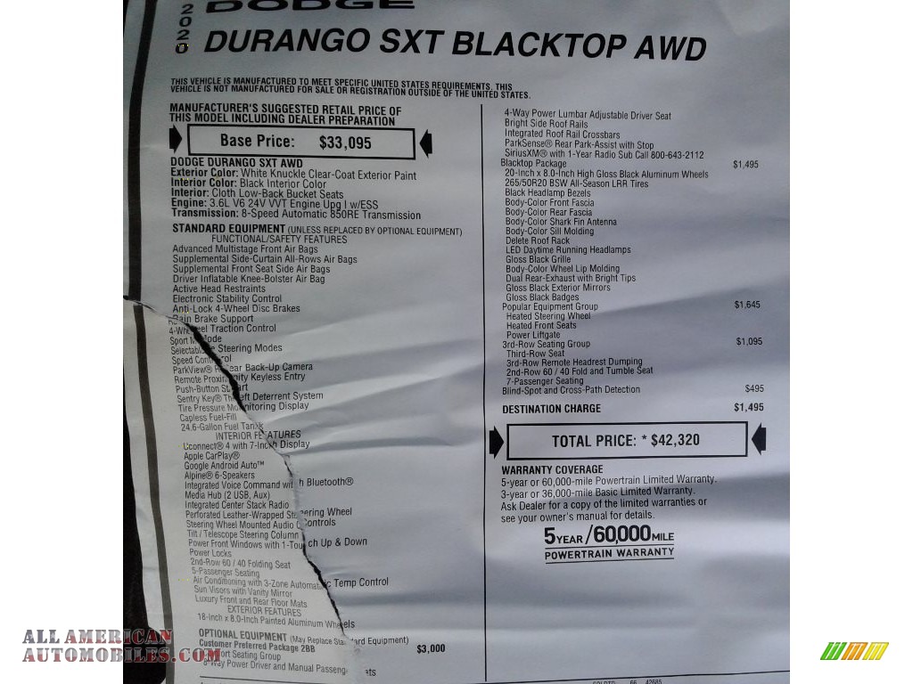 2020 Durango SXT AWD - White Knuckle / Black photo #37