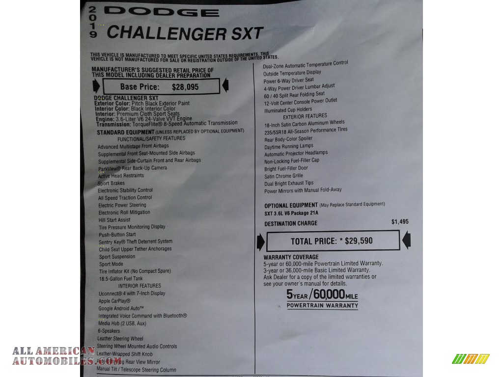 2019 Challenger SXT - Pitch Black / Black photo #31