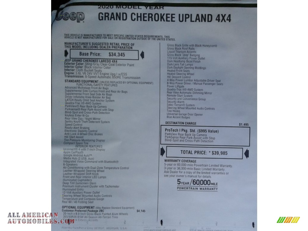 2020 Grand Cherokee Upland 4x4 - Sting-Gray / Black photo #34