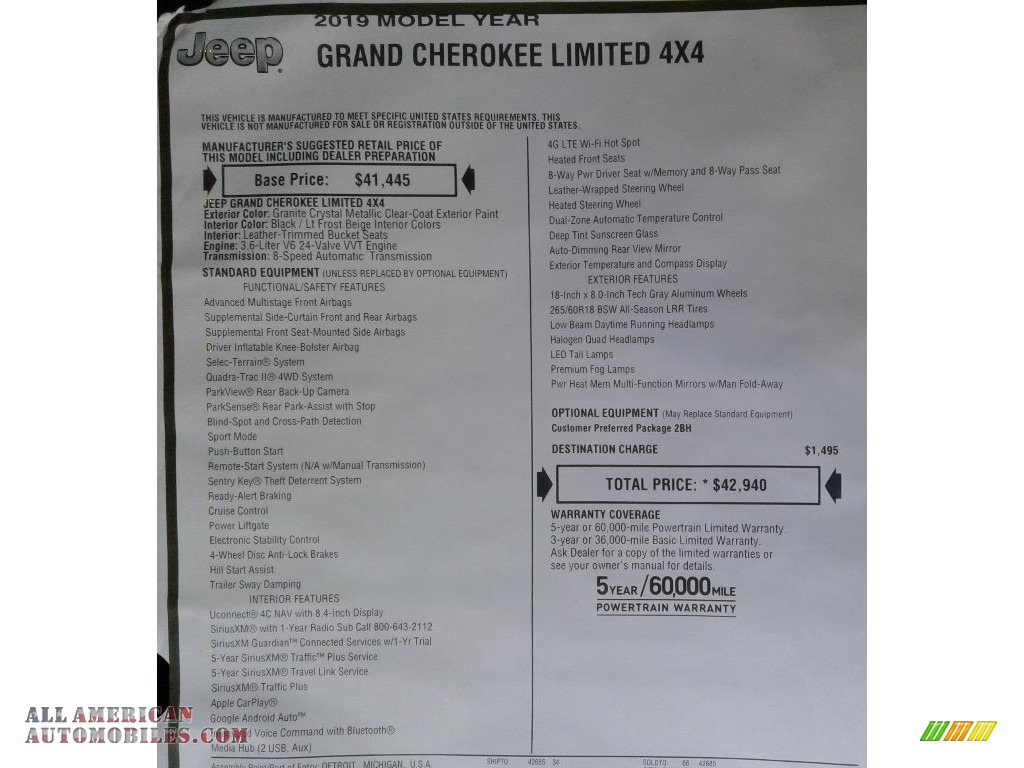 2019 Grand Cherokee Limited 4x4 - Granite Crystal Metallic / Light Frost Beige/Black photo #38