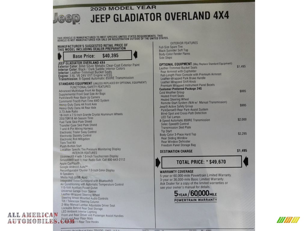 2020 Gladiator Overland 4x4 - Billet Silver Metallic / Black/Dark Saddle photo #32