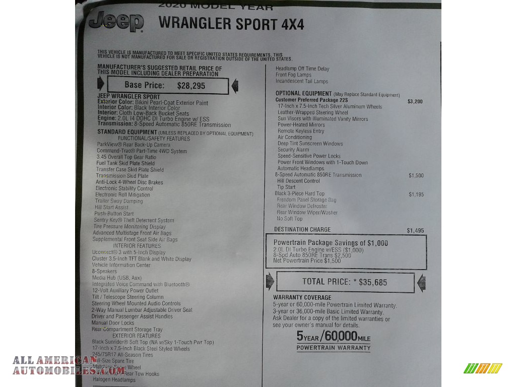 2020 Wrangler Sport 4x4 - Bikini Pearl / Black photo #27