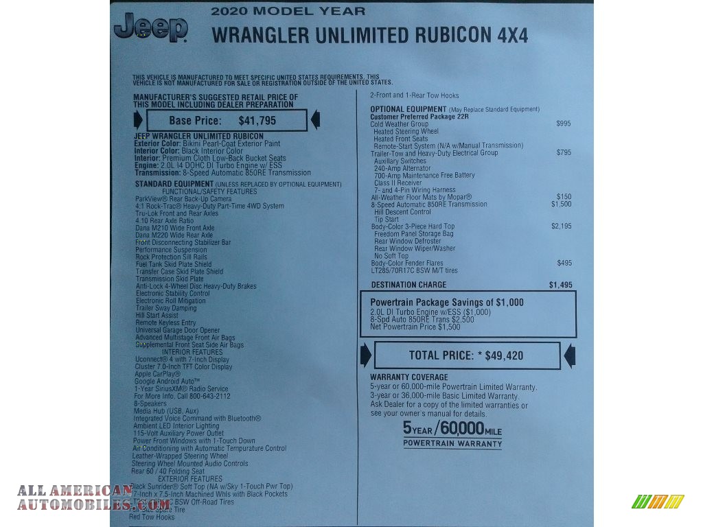 2020 Wrangler Unlimited Rubicon 4x4 - Bikini Pearl / Black photo #31