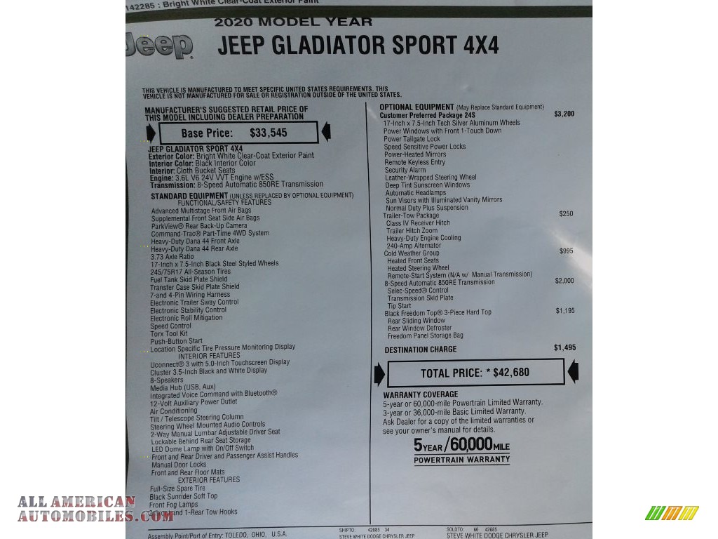 2020 Gladiator Sport 4x4 - Bright White / Black photo #28