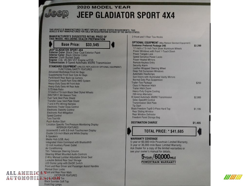 2020 Gladiator Sport 4x4 - Black / Black photo #28