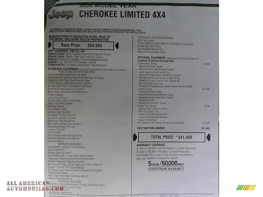 2020 Cherokee Limited 4x4 - Blue Shade Pearl / Ski Gray/Black photo #37