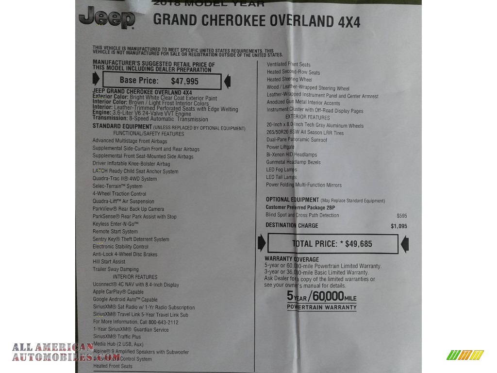 2018 Grand Cherokee Overland 4x4 - Bright White / Brown/Light Frost Beige photo #42