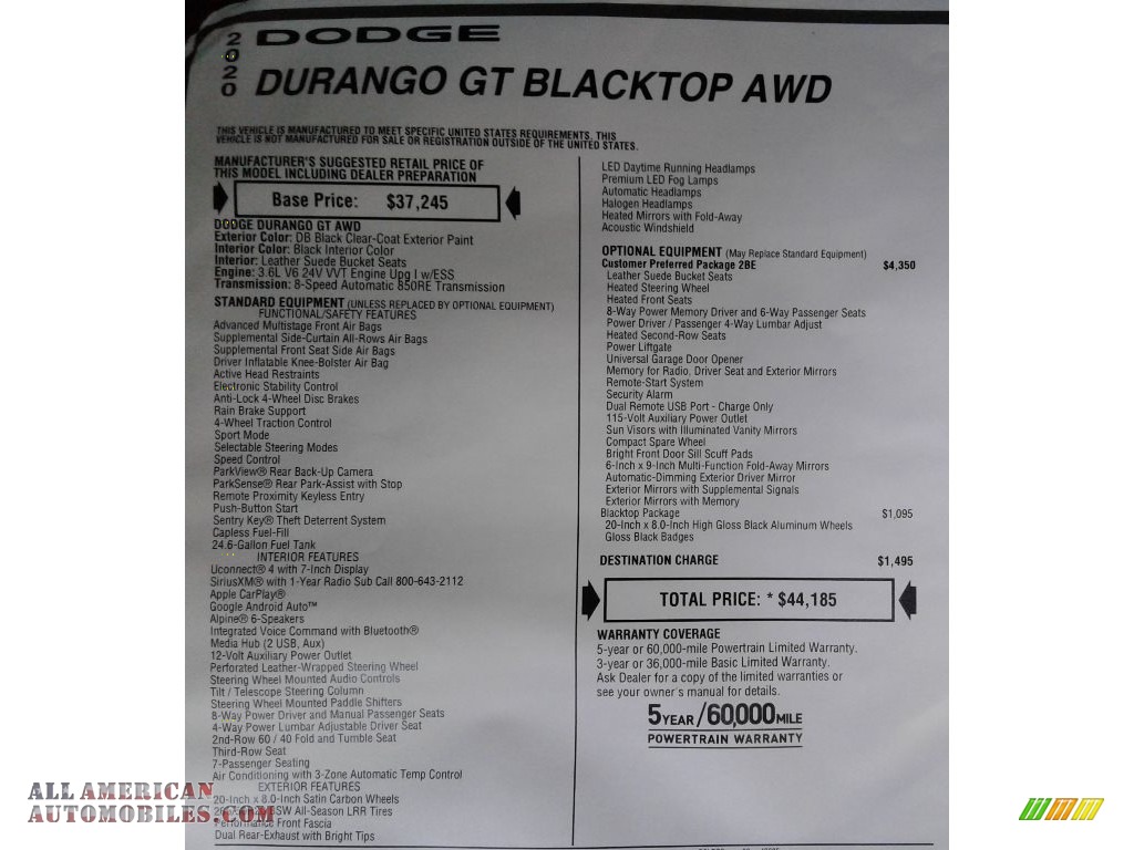 2020 Durango GT AWD - DB Black / Black photo #41