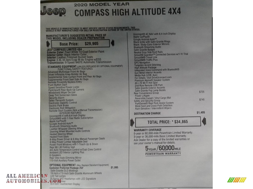 2020 Compass High Altitude 4x4 - Pearl White Tri-Coat / Black photo #37