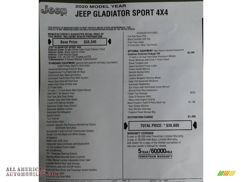 2020 Gladiator Sport 4x4 - Bright White / Black photo #30
