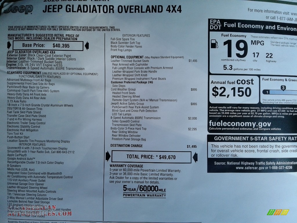 2020 Gladiator Overland 4x4 - Black / Black/Dark Saddle photo #33