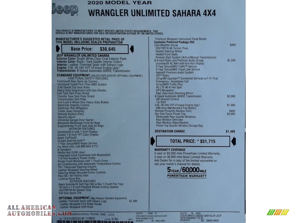 2020 Wrangler Unlimited Sahara 4x4 - Bright White / Dark Saddle/Black photo #39