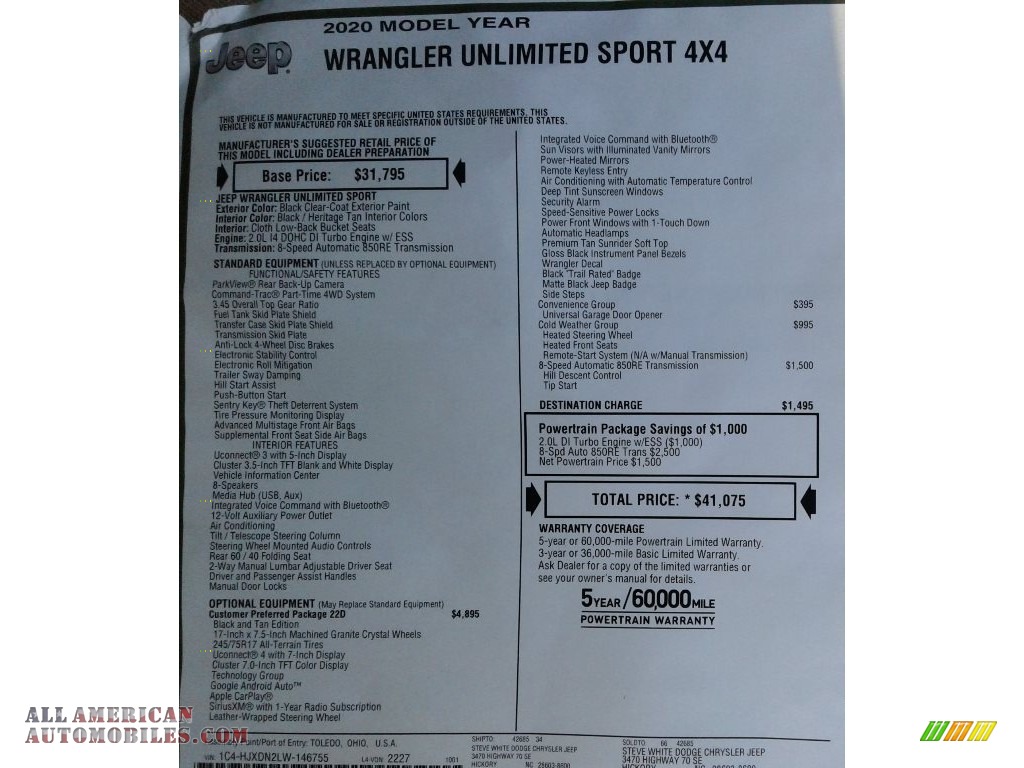 2020 Wrangler Unlimited Sport 4x4 - Black / Black photo #32