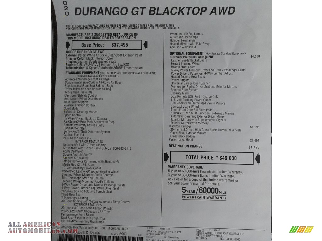 2020 Durango GT AWD - White Knuckle / Black photo #39
