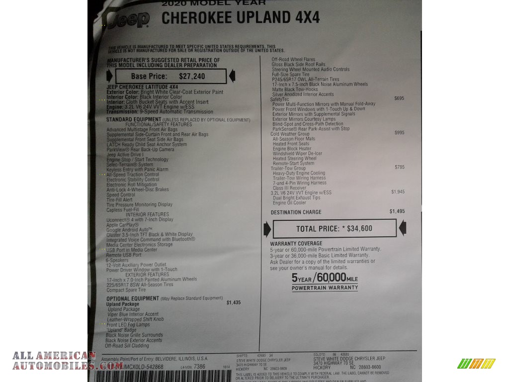 2020 Cherokee Upland 4x4 - Bright White / Black photo #34