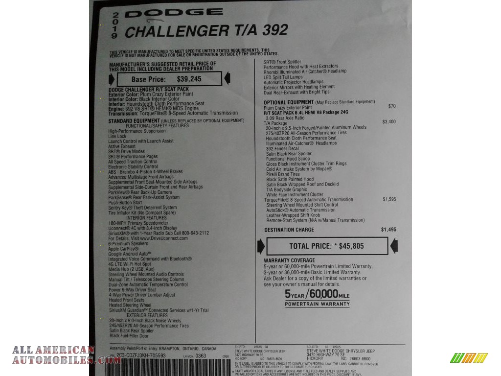 2019 Challenger T/A 392 - Plum Crazy Pearl / Black photo #34