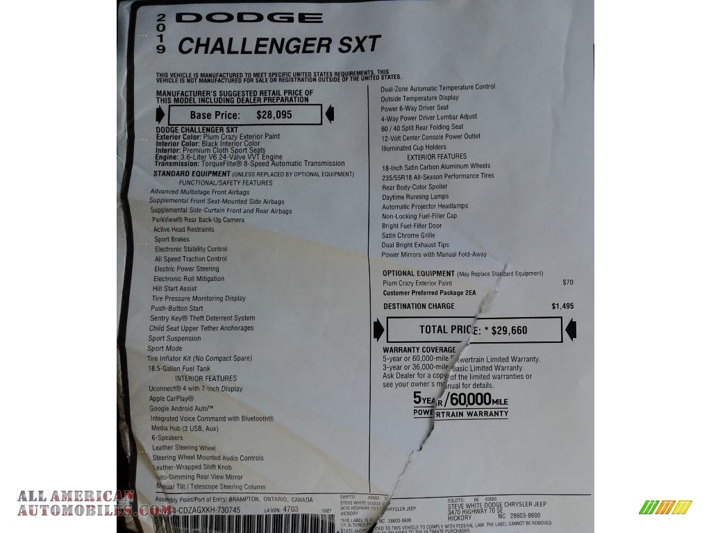 2019 Challenger SXT - Plum Crazy Pearl / Black photo #31