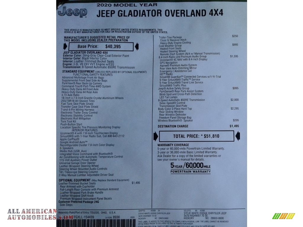 2020 Gladiator Overland 4x4 - Sting-Gray / Black photo #35
