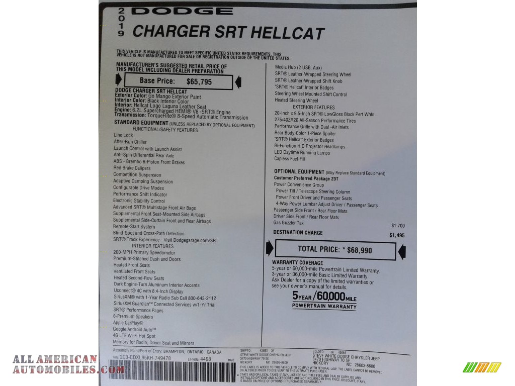 2019 Charger SRT Hellcat - Go Mango / Black photo #38