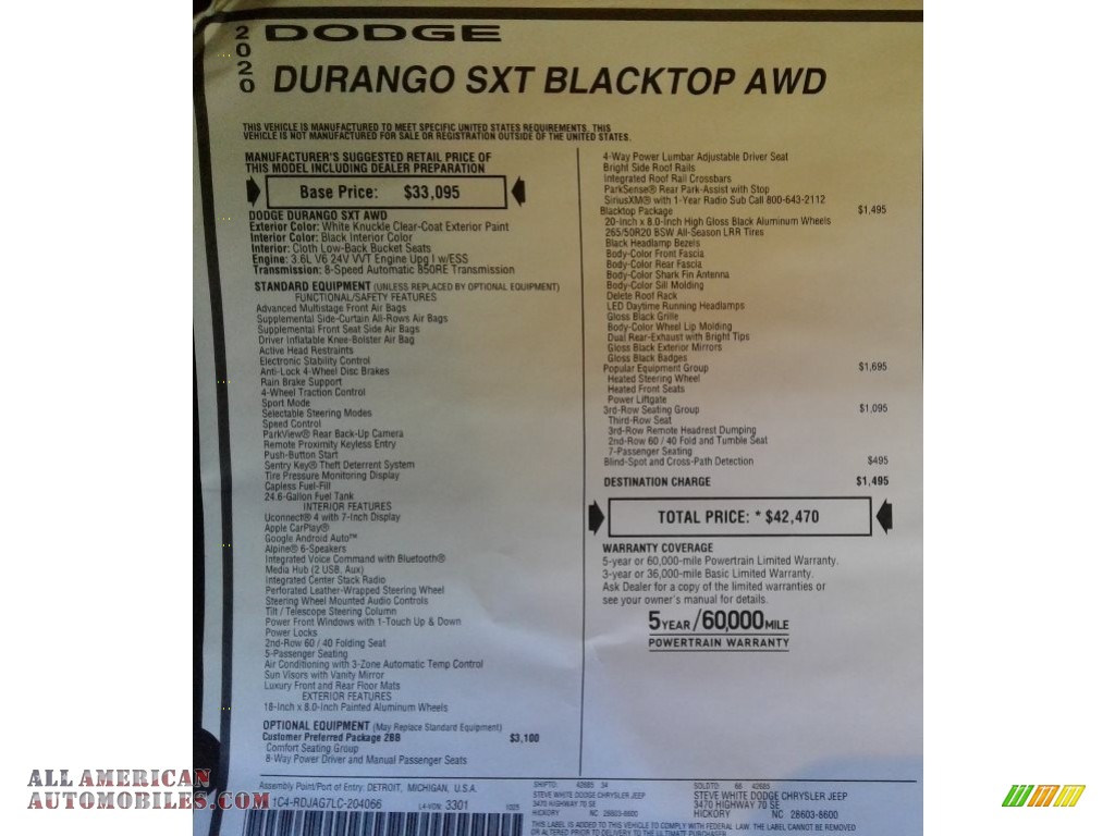 2020 Durango SXT AWD - White Knuckle / Black photo #39