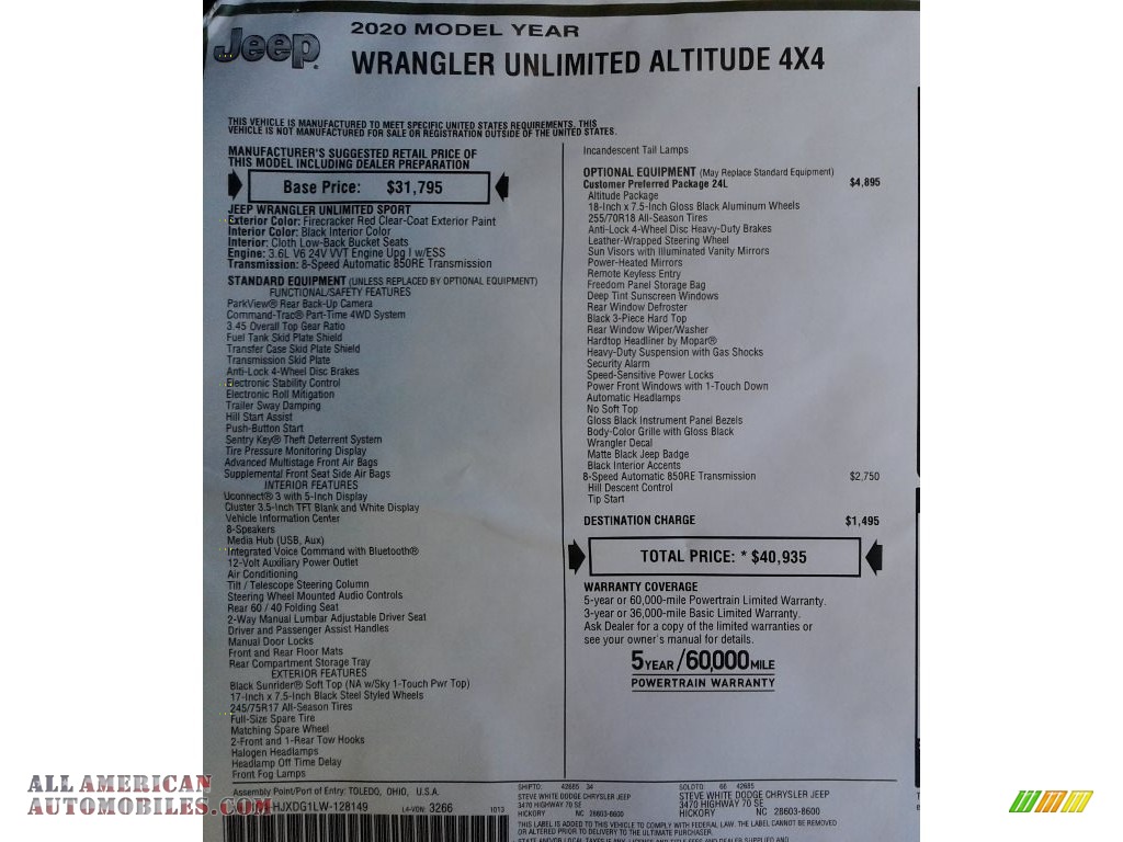 2020 Wrangler Unlimited Sport 4x4 - Firecracker Red / Black photo #28