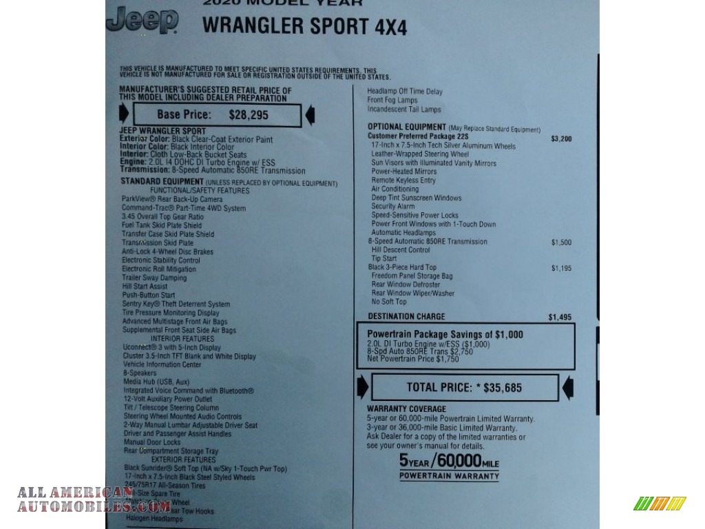 2020 Wrangler Sport 4x4 - Black / Black photo #28