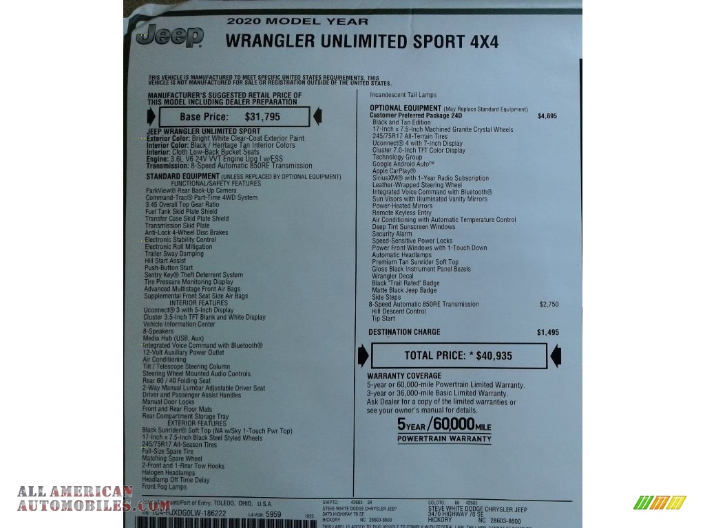 2020 Wrangler Unlimited Sport 4x4 - Bright White / Heritage Tan/Black photo #31