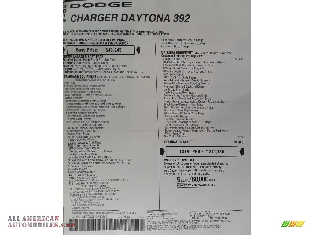 2019 Charger Daytona 392 - Pitch Black / Black photo #36