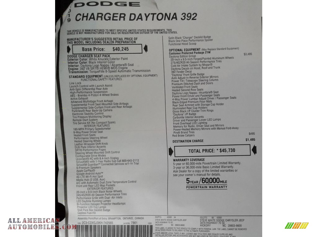 2019 Charger Daytona 392 - White Knuckle / Black photo #36