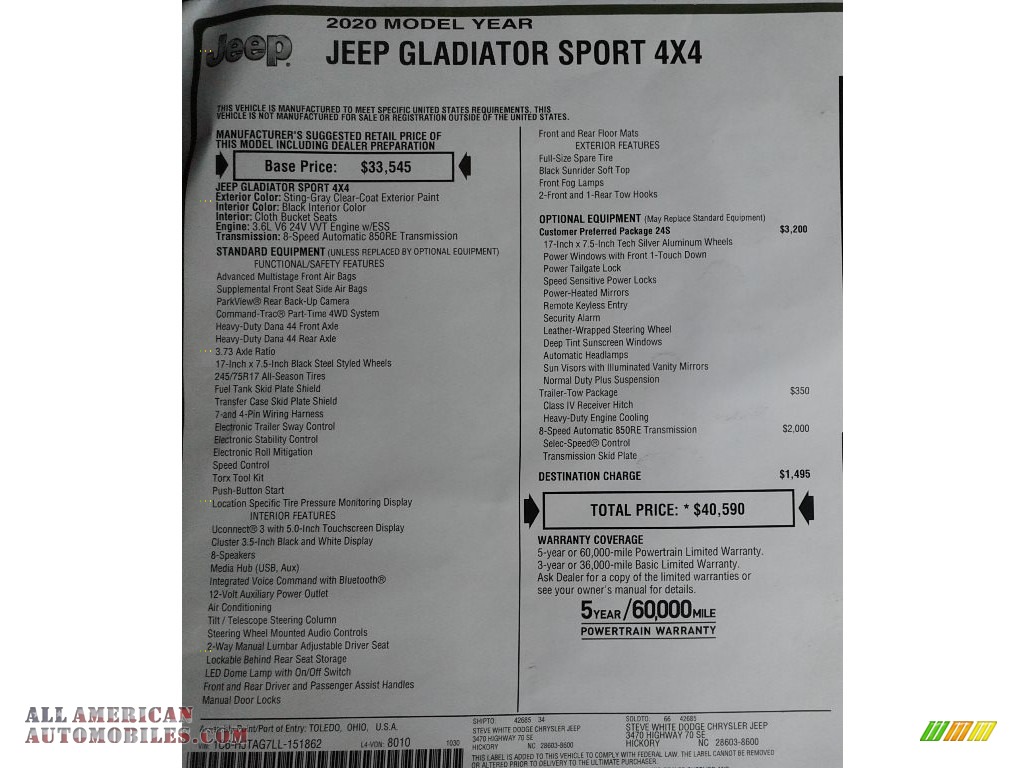 2020 Gladiator Sport 4x4 - Sting-Gray / Black photo #29