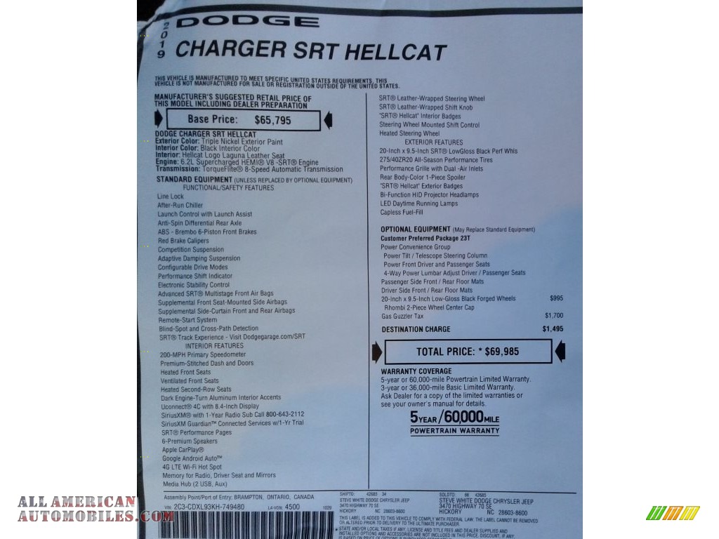 2019 Charger SRT Hellcat - Triple Nickel / Black photo #39