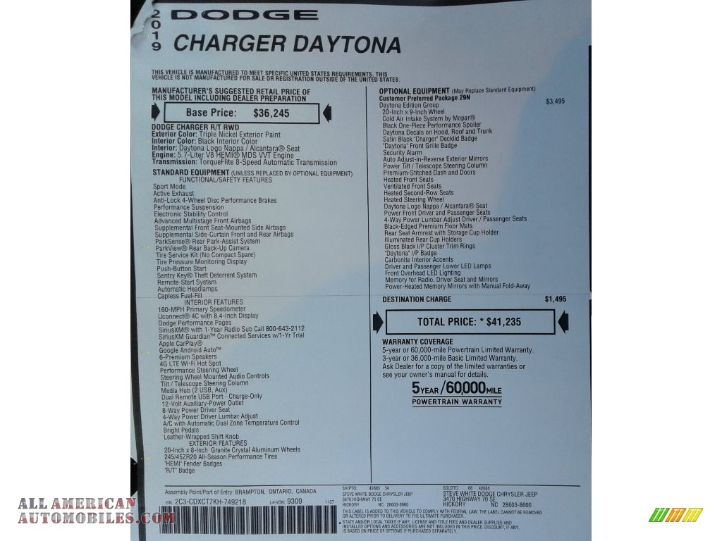 2019 Charger Daytona - Triple Nickel / Black photo #36