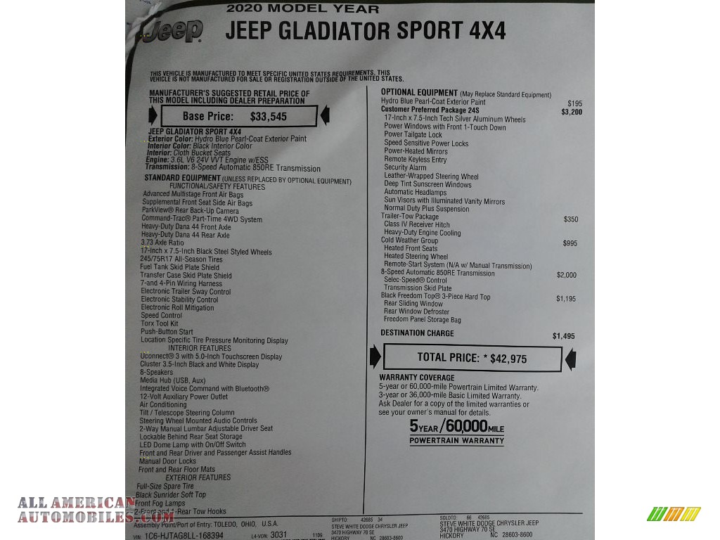 2020 Gladiator Sport 4x4 - Hydro Blue Pearl / Black photo #28