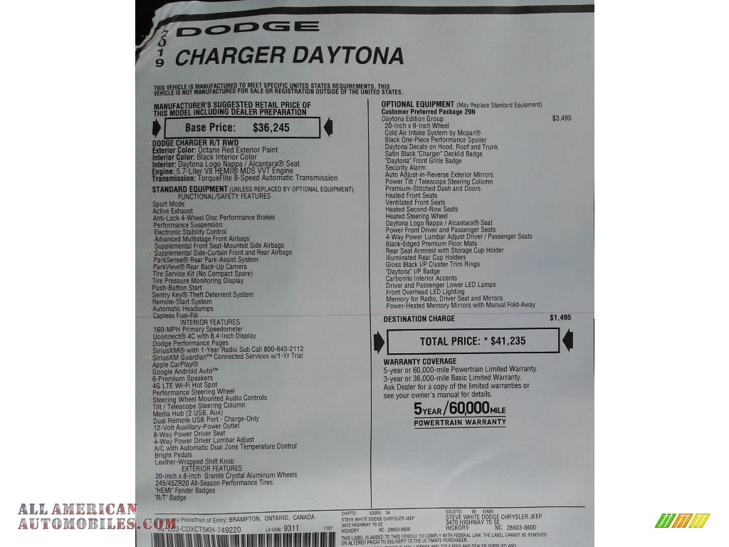 2019 Charger Daytona - Octane Red Pearl / Black photo #36