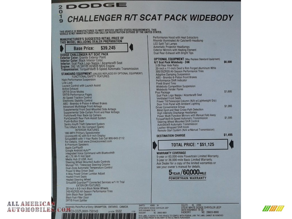 2019 Challenger R/T Scat Pack Widebody - Granite Pearl / Black photo #35