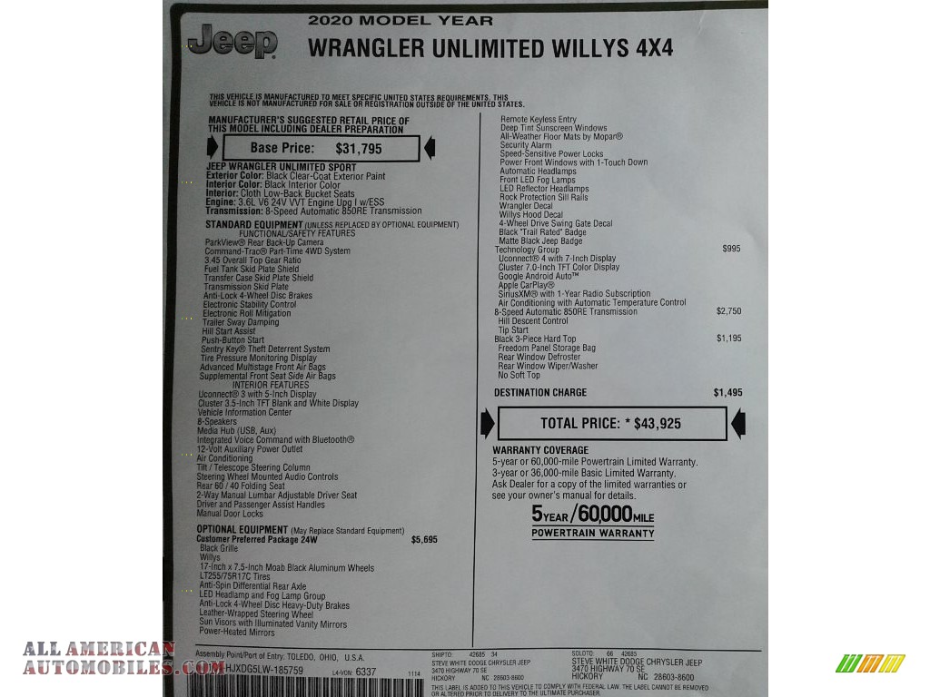 2020 Wrangler Unlimited Willys 4x4 - Black / Black photo #30